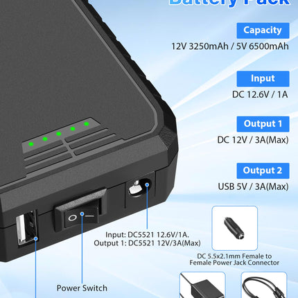 Rapthor Portable Rechargeable 12V 3250mAh / 5V 6500mAh Small DC Ouput Lithium ion Battery Pack with Charger and DC5521 Cable (Model: BP003)