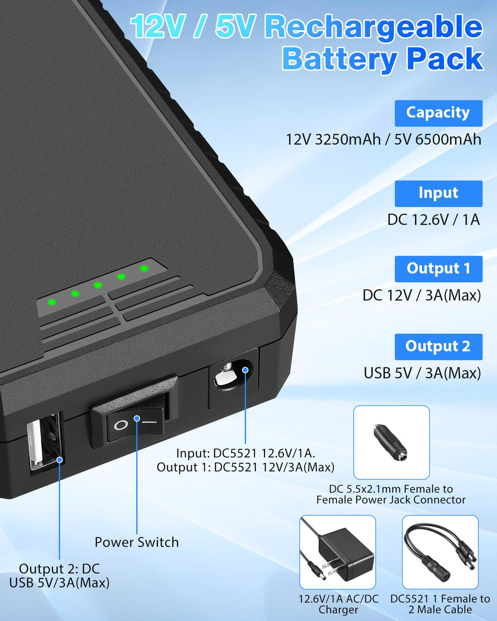 Rapthor Portable Rechargeable 12V 3250mAh / 5V 6500mAh Small DC Ouput Lithium ion Battery Pack with Charger and DC5521 Cable (Model: BP003)