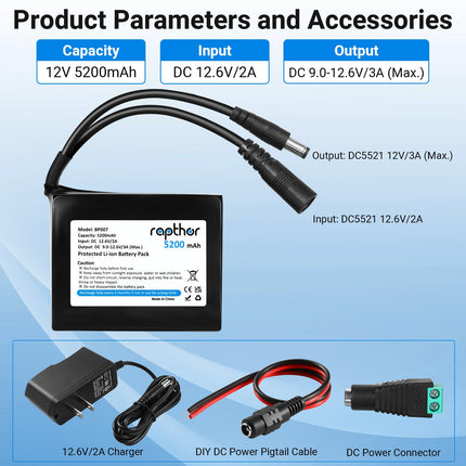 Rapthor Rechargeable 12V 5200mAh Lithium ion Battery Pack with Charger Compatible with 12V Devices, Bike Light, DIY Project, Radio, Fishing Light, LED Light Strip, CCTV Camera (Model: BP007)