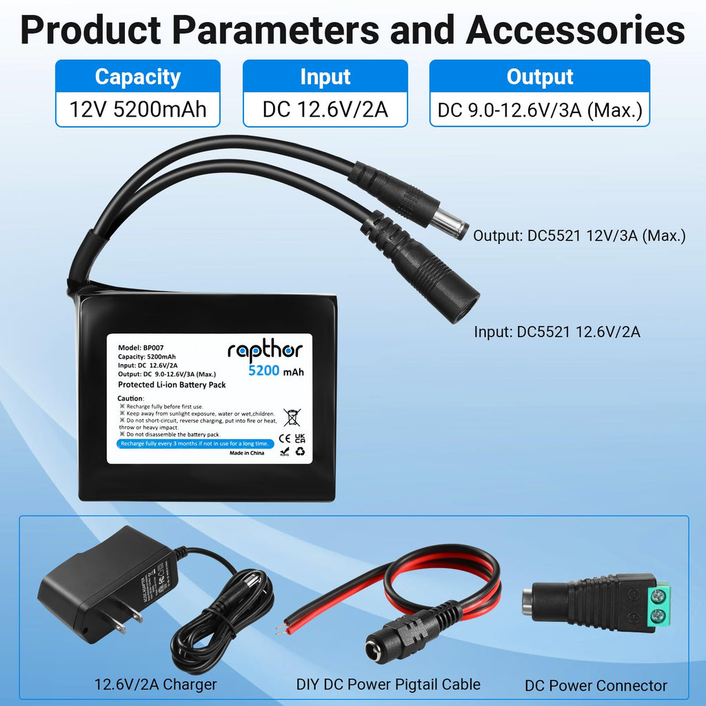 Rapthor Rechargeable 12V 5200mAh Lithium ion Battery Pack with Charger Compatible with 12V Devices, Bike Light, DIY Project, Radio, Fishing Light, LED Light Strip, CCTV Camera (Model: BP007)