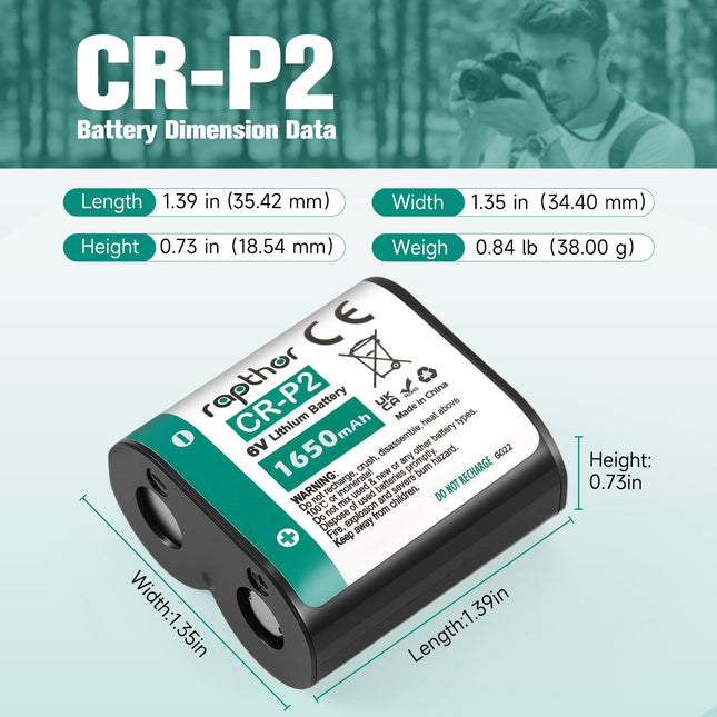 Rapthor CR-P2 6V 1650mAh Lithium Photo Battery, 10 Pack CRP2 223A Replacement for DL223A, EL223AP, 2CR-P2, Cameras, Flash Units, Rangefinders, Motion Sensor Faucets and Security Devices