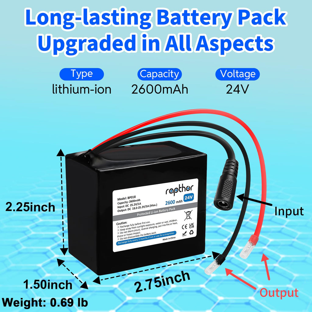Rapthor 24V 2.6Ah Rechargeable Lithium Battery Pack with Charger, Cable Connector for Power Wheels, Kids Ride On Cars Toys, LED Strips, Small UPS, DIY Projects (Model: BP018)