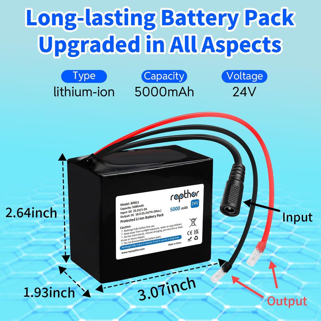 Rapthor 24V 5000mAh Rechargeable Lithium ion Battery Pack 24 Volt 5Ah with 25.2V 1A Charger for DIY Projects (Model: BP011)