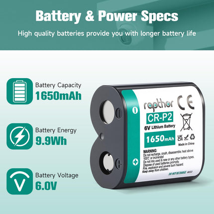 Rapthor CR-P2 6V 1650mAh Lithium Photo Battery, 10 Pack CRP2 223A Replacement for DL223A, EL223AP, 2CR-P2, Cameras, Flash Units, Rangefinders, Motion Sensor Faucets and Security Devices