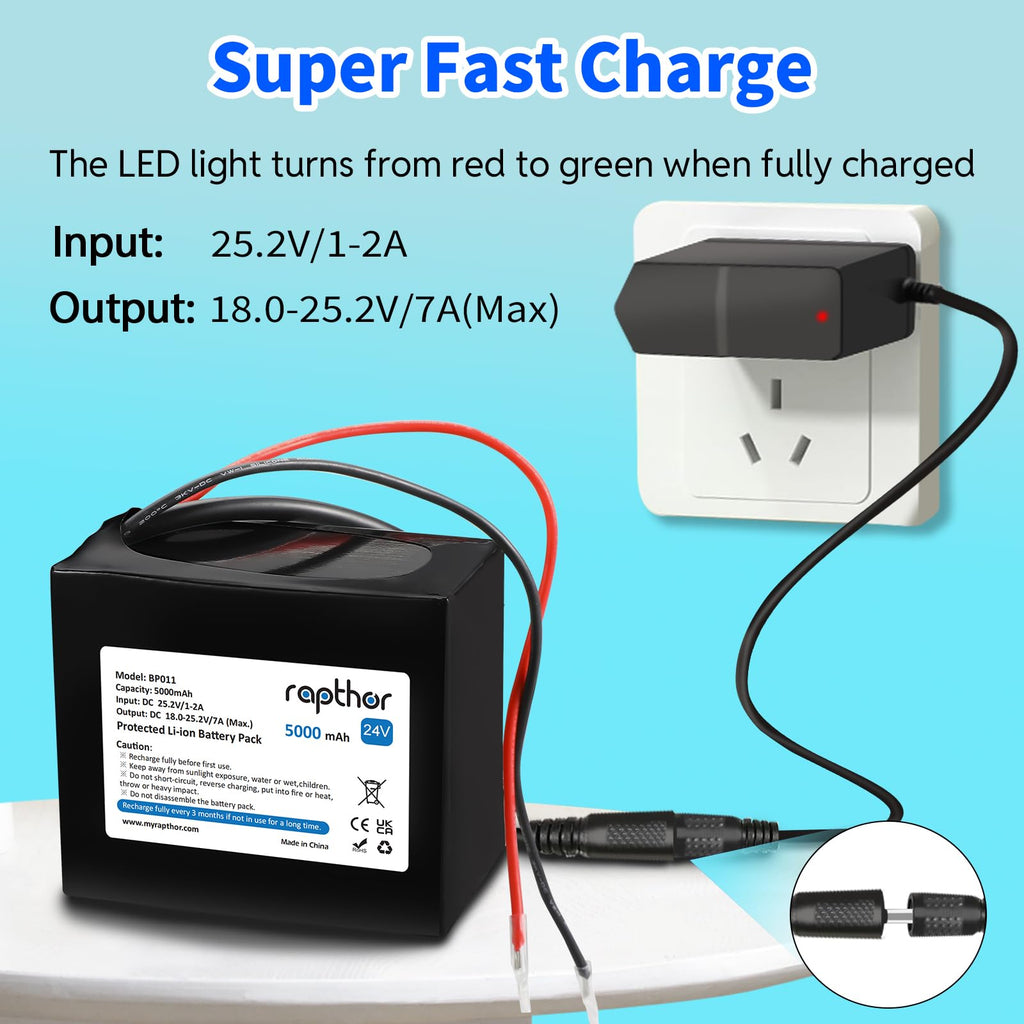 Rapthor 24V 5000mAh Rechargeable Lithium ion Battery Pack 24 Volt 5Ah with 25.2V 1A Charger for DIY Projects (Model: BP011)