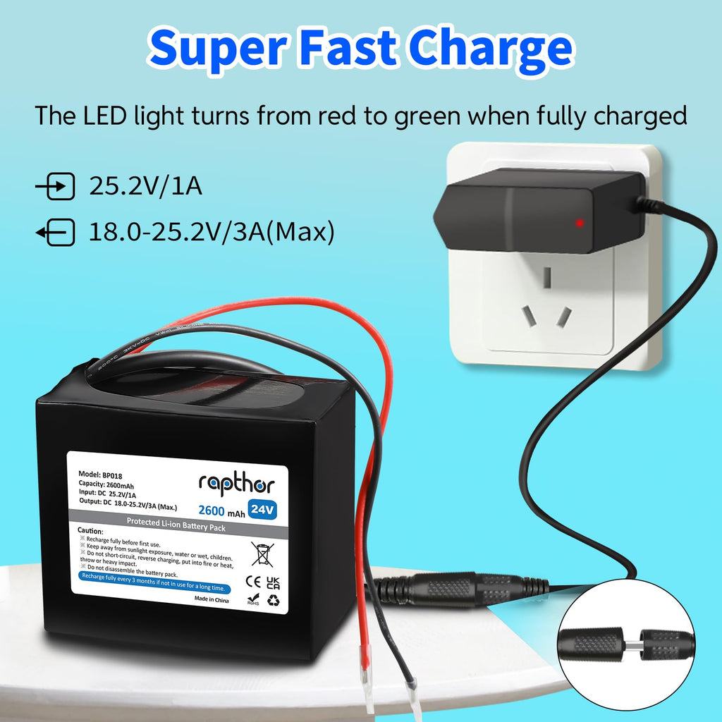 Rapthor 24V 2.6Ah Rechargeable Lithium Battery Pack with Charger, Cable Connector for Power Wheels, Kids Ride On Cars Toys, LED Strips, Small UPS, DIY Projects (Model: BP018)