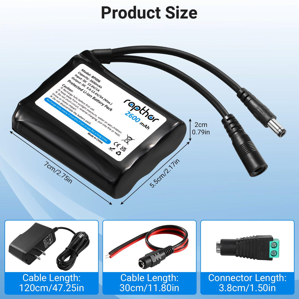 Rapthor Rechargeable 12V 2600mAh Lithium ion Battery Pack with Charger Compatible with 12V Devices, Bike Light, DIY Project, Radio, Fishing Light, LED Light Strip, CCTV Camera (Model: BP006)