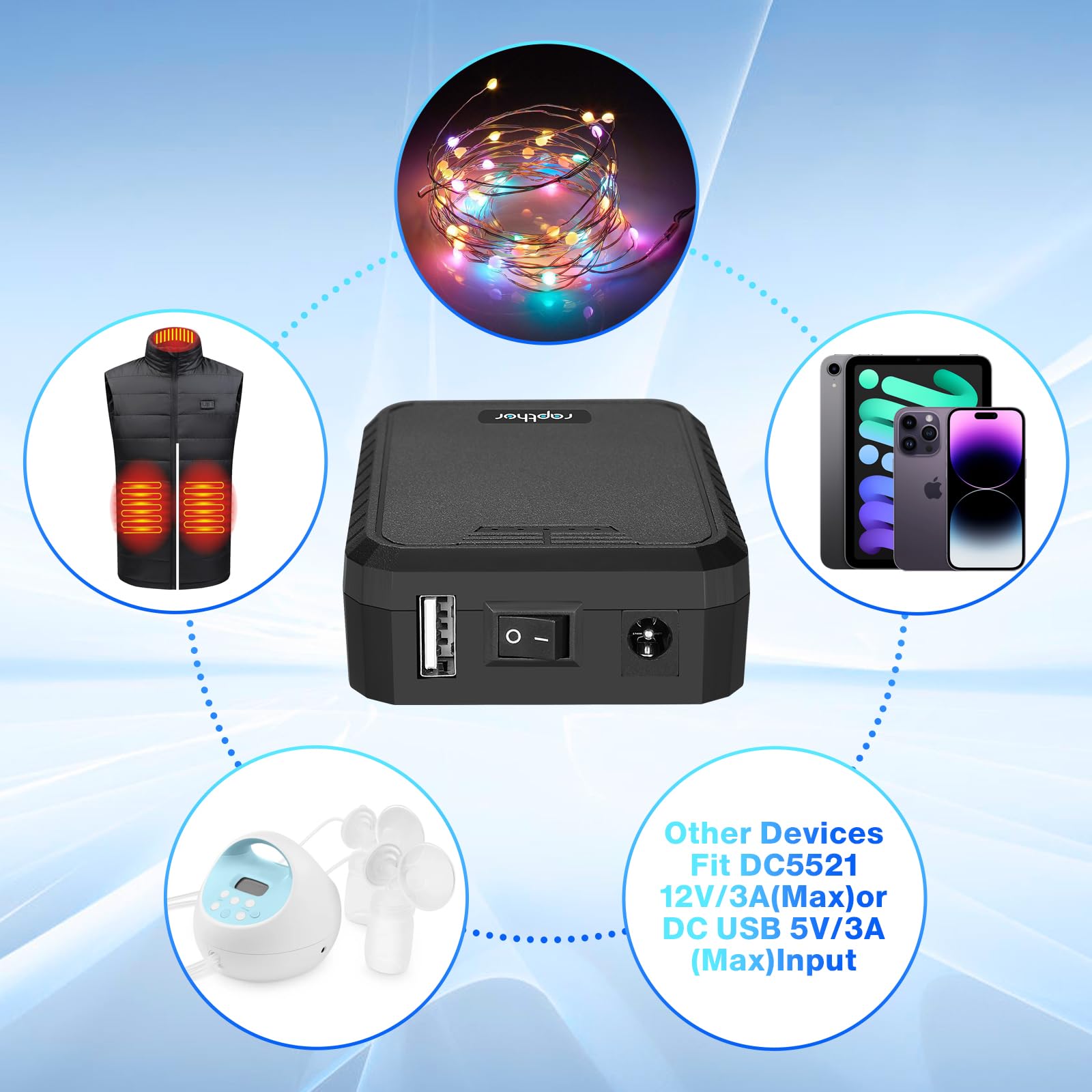 Rapthor Portable Rechargeable 12V 3250mAh / 5V 6500mAh Small DC Ouput Lithium ion Battery Pack with Charger and DC5521 Cable (Model: BP003)