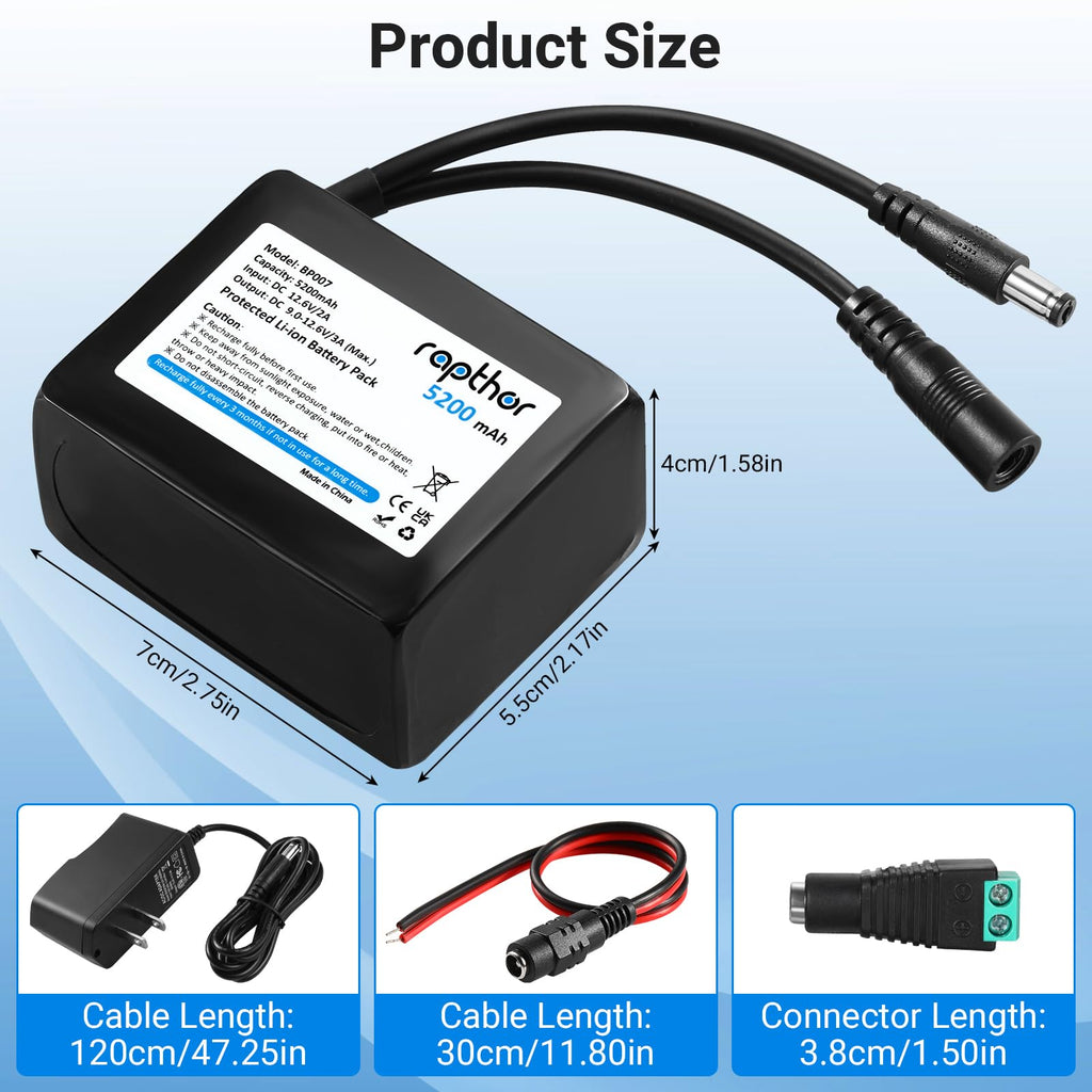 Rapthor Rechargeable 12V 5200mAh Lithium ion Battery Pack with Charger Compatible with 12V Devices, Bike Light, DIY Project, Radio, Fishing Light, LED Light Strip, CCTV Camera (Model: BP007)