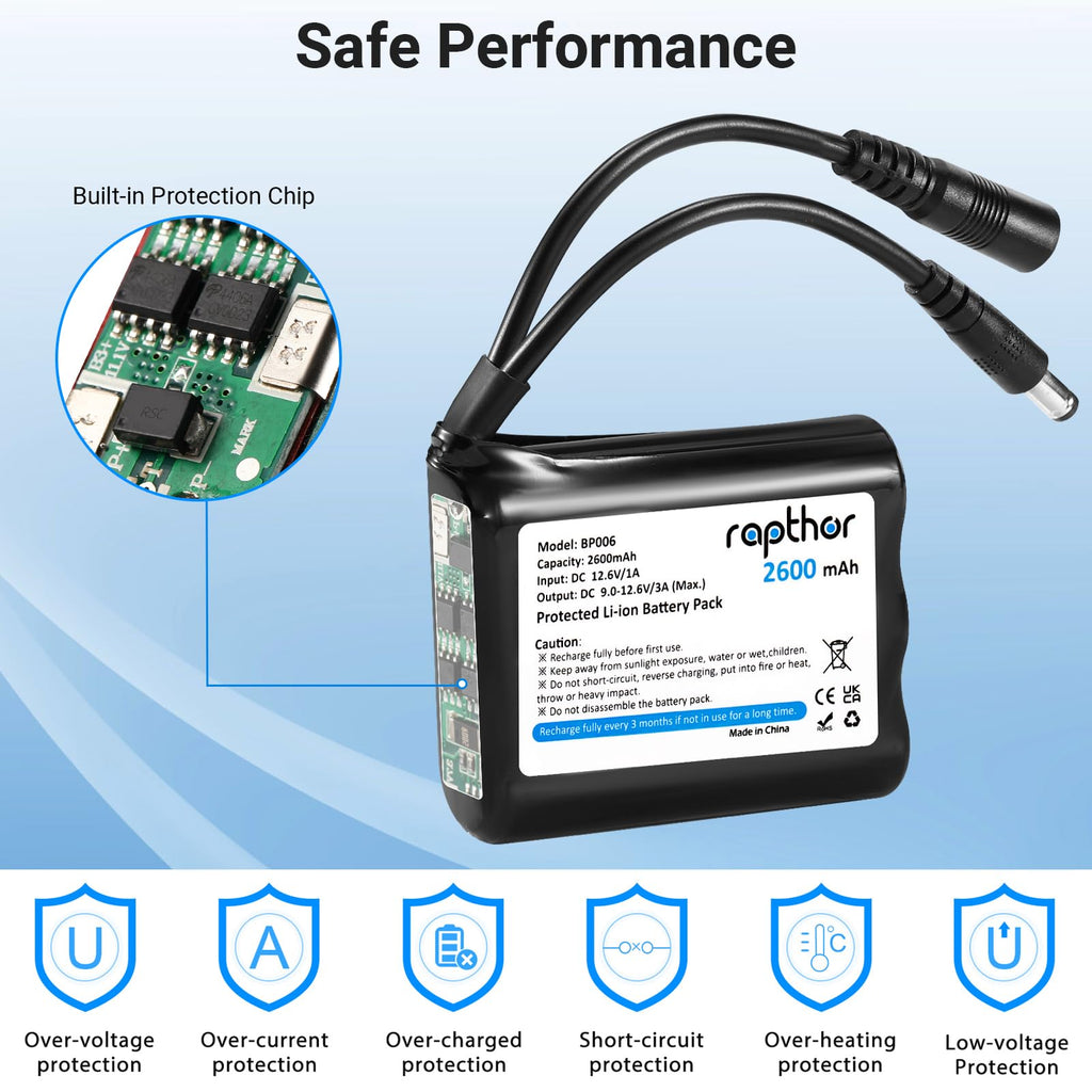 Rapthor Rechargeable 12V 2600mAh Lithium ion Battery Pack with Charger Compatible with 12V Devices, Bike Light, DIY Project, Radio, Fishing Light, LED Light Strip, CCTV Camera (Model: BP006)