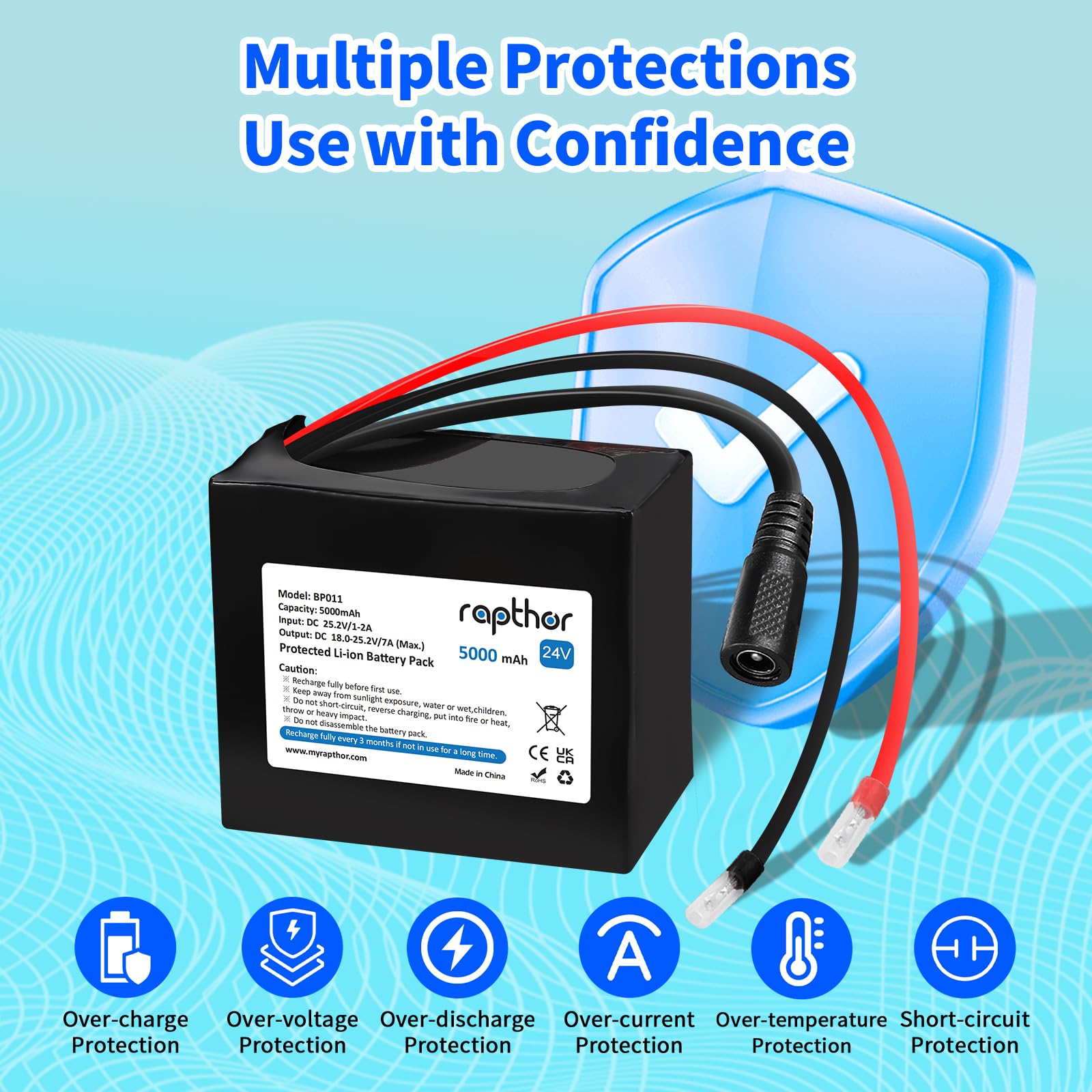 Rapthor 24V 5000mAh Rechargeable Lithium ion Battery Pack 24 Volt 5Ah with 25.2V 1A Charger for DIY Projects (Model: BP011)