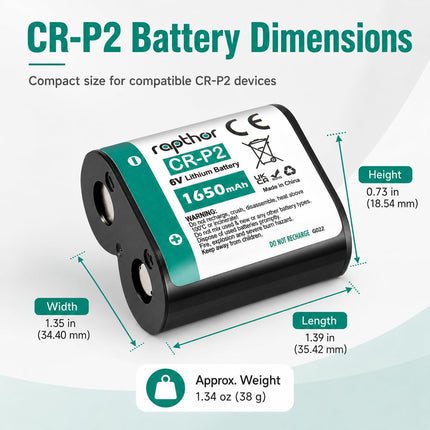Rapthor CR-P2 Battery 5 Pack, 6V 1650mAh Lithium Photo Battery, CRP2 223A Replacement for DL223A, EL223AP, 2CR-P2, Cameras, Flash Units, Rangefinders, Motion Sensor Faucets, Security Devices