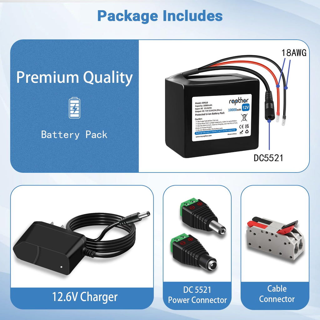 Rapthor Rechargeable 12V 10000mAh Lithium ion Battery Pack with 12.6V 2A Fast Charger for 12V Devices with DC5521 Port, DIY Project, Router, Radio, LED Light Strip, CCTV Camera, Telescope (Model: BP010)