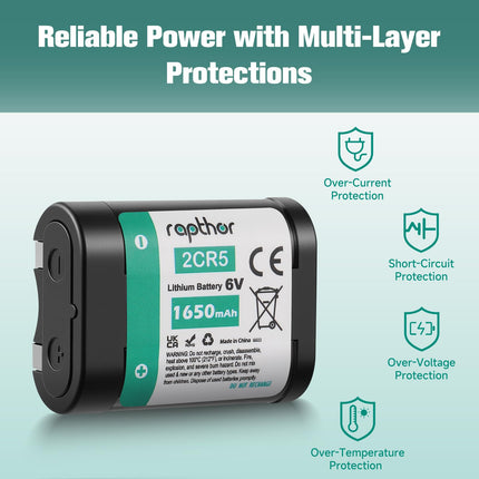 Rapthor 2CR5 6V Lithium Battery 1650mAh, 5 Pack Photo Batteries Replacement for 2CR5M 5032LC DL245 EL2CR5 KL2CR5 RL2CR5, Long-Lasting Power for Cameras, Flash Units, Rangefinders and Security Devices