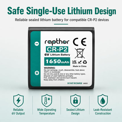 Rapthor CR-P2 Battery 5 Pack, 6V 1650mAh Lithium Photo Battery, CRP2 223A Replacement for DL223A, EL223AP, 2CR-P2, Cameras, Flash Units, Rangefinders, Motion Sensor Faucets, Security Devices