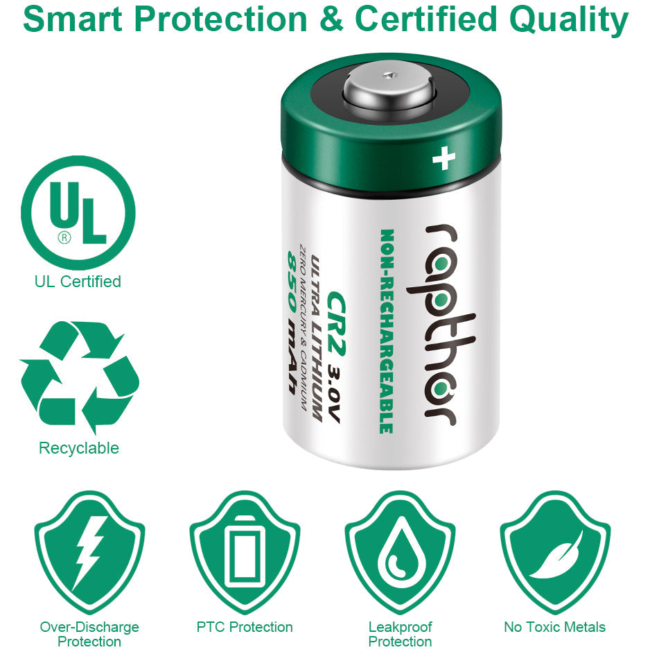 Rapthor 6 Pack CR2 Battery 3 Volt 850mAh High Power Non-Rechargeable Lithium Batteries with PTC Protection