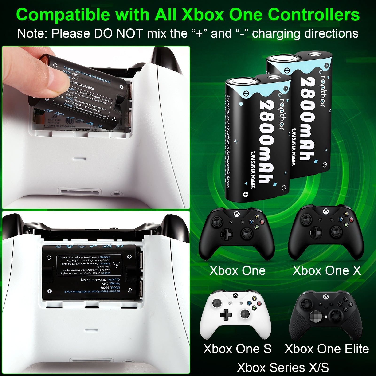 Rapthor 2800mAh Xbox One Ni-MH Rechargeable Battery Pack with Fast Charger for Xbox One/Xbox One S/Xbox One X/Xbox One Elite Wireless Controller ( 2 Batteries+1 Charger )