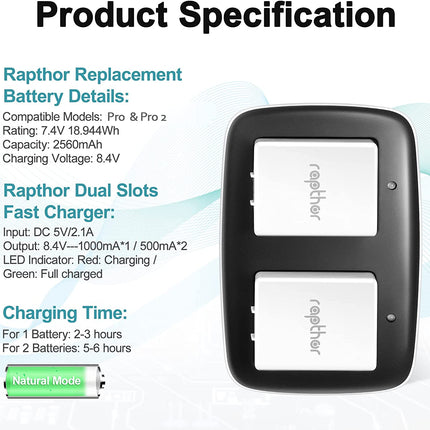 Rapthor 2560mAh Replacement Battery Compatible with Arlo Pro / Pro 2 Rechargeable with Charger Station for Arlo Pro / Pro 2 Camera (2 Batteries+1 Charger)