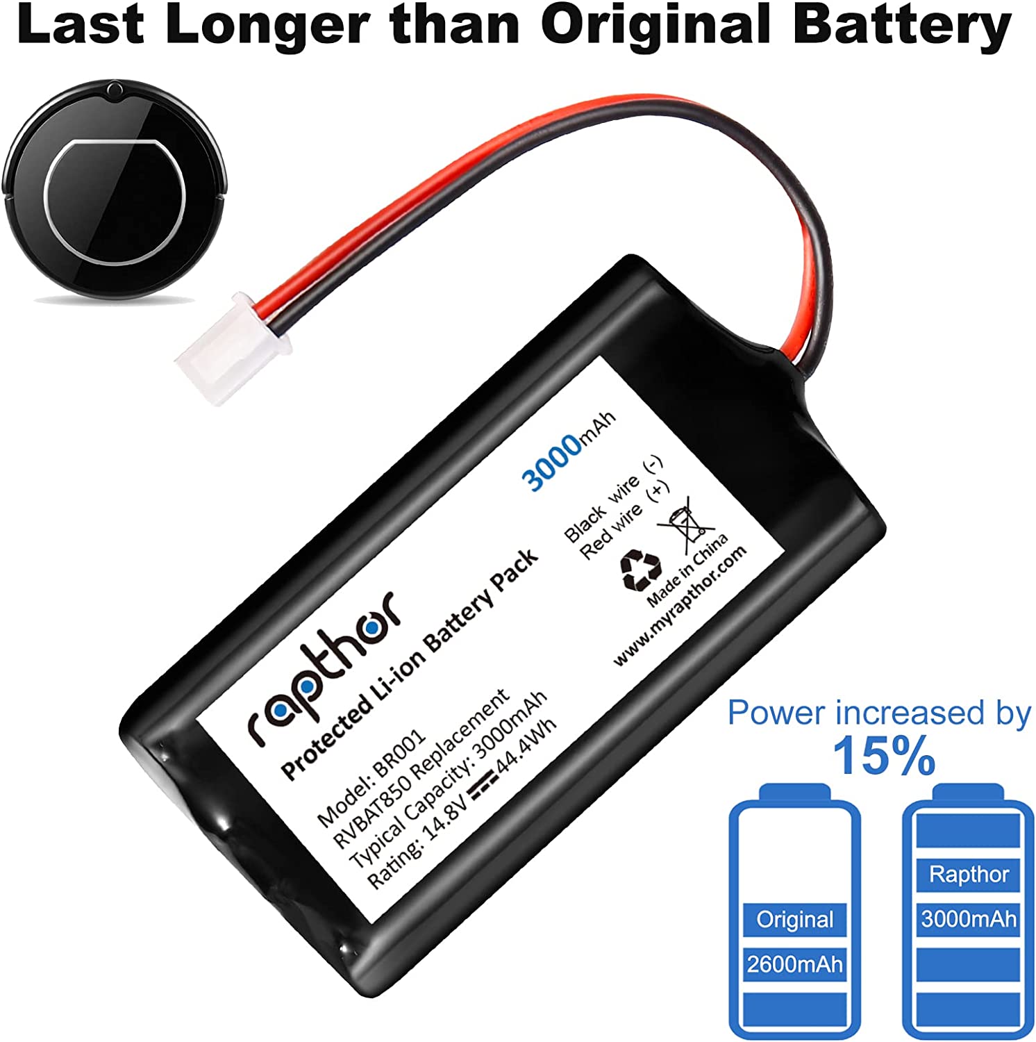 Replacement Battery Pack for Shark Ion Robot 3000mAh RVBAT850, R75, R85, RV751, RV761, RV851WV, RV871, RV871C, RV1000S, RV101AE, V101AE Robot Vacuum Cleaners, 14.4V/44.4Wh(Attention:2Prongs Connector)