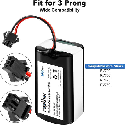Replacement Battery Pack for Shark Ion Robot 3000mAh RVBAT700,RV720, RV725, RV750,14.8V/44.4Wh(3 Prong)