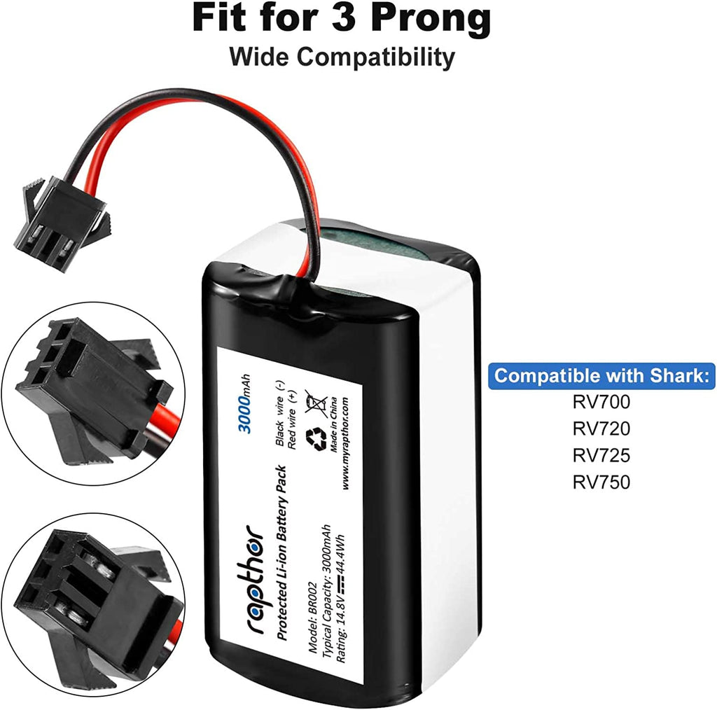 Replacement Battery Pack for Shark Ion Robot 3000mAh RVBAT700,RV720, RV725, RV750,14.8V/44.4Wh(3 Prong)