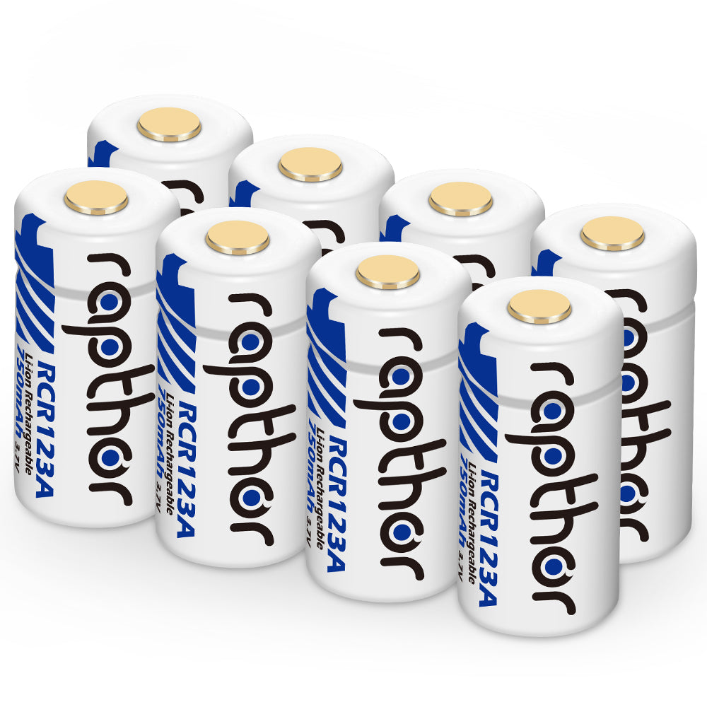 Rapthor 8 Pack Rechargeable RCR123A Batteries 750mAh 3.7V