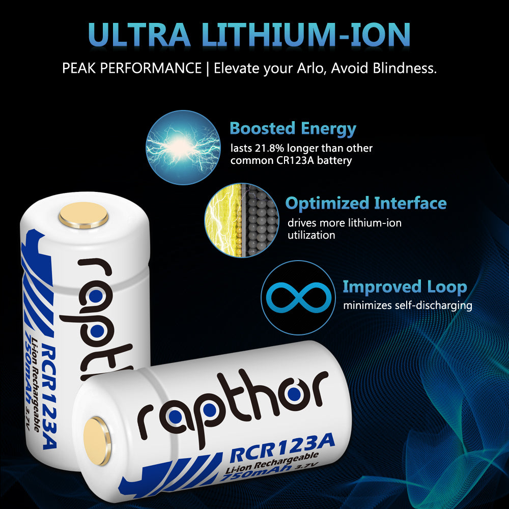 Rapthor 750mAh 3.7V Rechargeable RCR123A / CR123A / CR123 /16340 Batteries for Arlo Camera (4 Batteries)