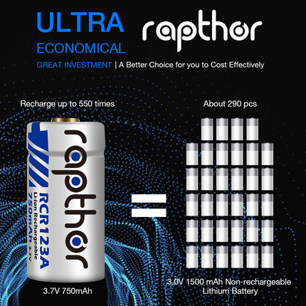 Rapthor 750mAh 3.7V Rechargeable RCR123A / CR123A / CR123 /16340 Batteries for Arlo Camera (4 Batteries)