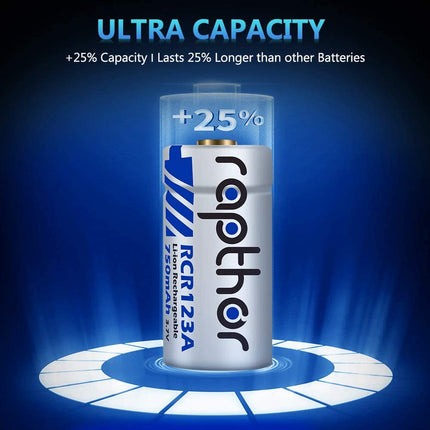 Rapthor 8 Pack Rechargeable RCR123A Batteries 750mAh 3.7V