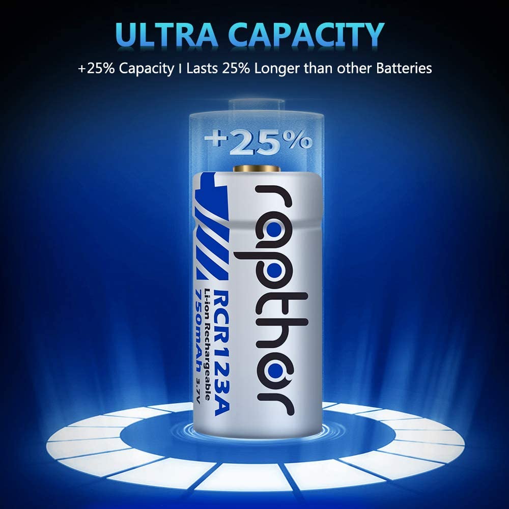 Rapthor 8 Pack Rechargeable RCR123A Batteries 750mAh 3.7V