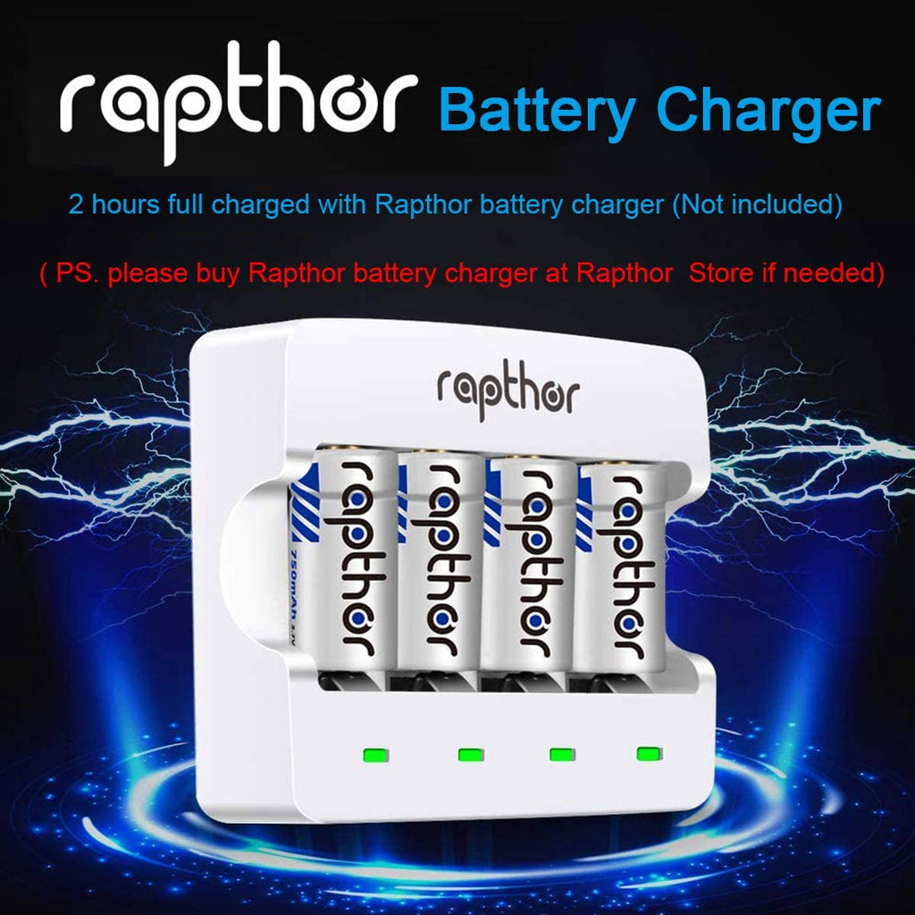 Rapthor 8 Pack Rechargeable RCR123A Batteries 750mAh 3.7V
