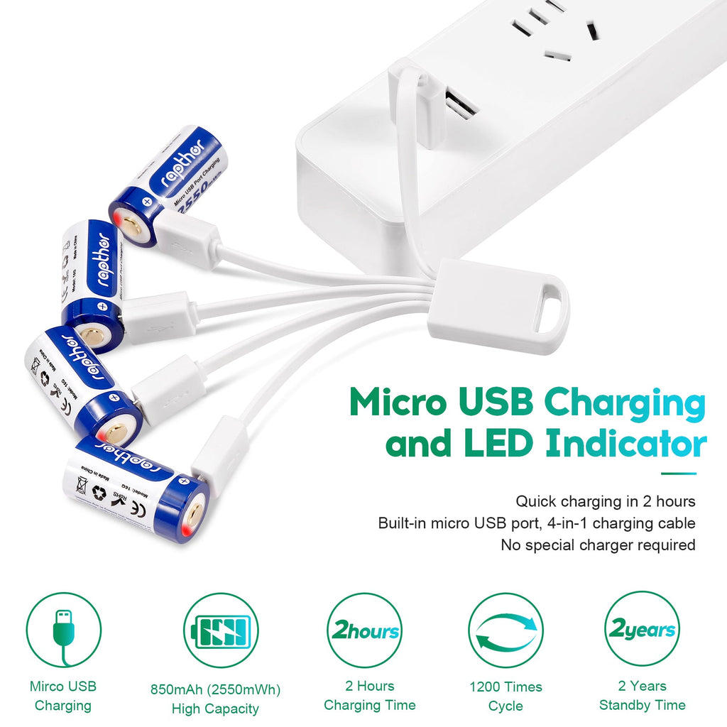 Rapthor 8 Pack 850mAh USB RCR123A Rechargeable Batteries for Arlo VMC3030 VMS3330 VMS3130 VMS3430 VMK3200 Wireless Security Cameras