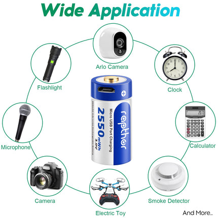 Rapthor 8 Pack 850mAh USB RCR123A Rechargeable Batteries for Arlo VMC3030 VMS3330 VMS3130 VMS3430 VMK3200 Wireless Security Cameras