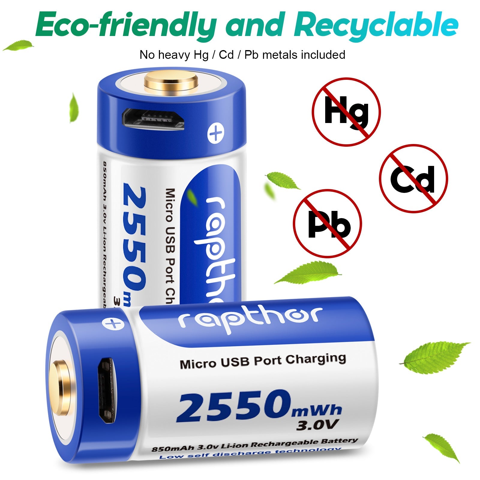 Rapthor 4 Pack 850mAh USB RCR123A Rechargeable Batteries for Arlo VMC3030 VMS3330 VMS3130 VMS3430 VMK3200 Wireless Security Cameras
