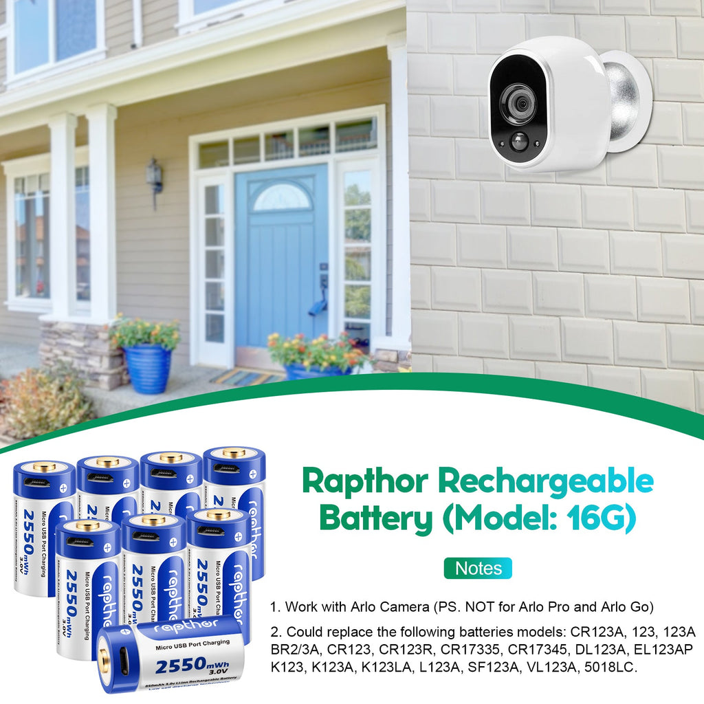 Rapthor 4 Pack 850mAh USB RCR123A Rechargeable Batteries for Arlo VMC3030 VMS3330 VMS3130 VMS3430 VMK3200 Wireless Security Cameras