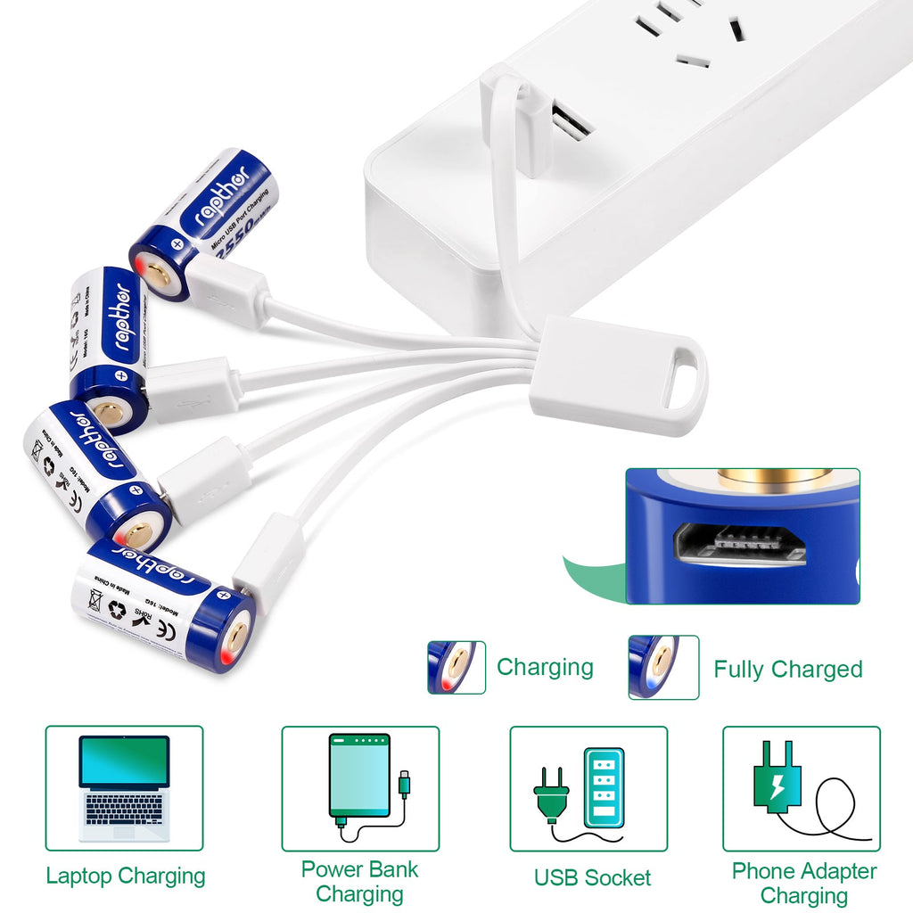 Rapthor 4 Pack 850mAh USB RCR123A Rechargeable Batteries for Arlo VMC3030 VMS3330 VMS3130 VMS3430 VMK3200 Wireless Security Cameras