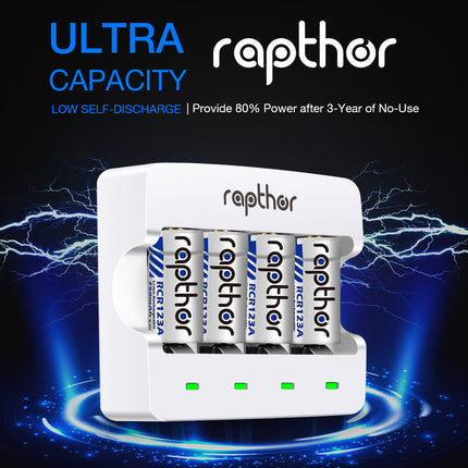 Rapthor RCR123A Rechargeable Batteries 8 Pack 750mAh with Charger for Arlo VMC3030 VMK3200 VMS3230 3330 3430 3530 Wireless Security Cameras Flashlight Smart Sensor