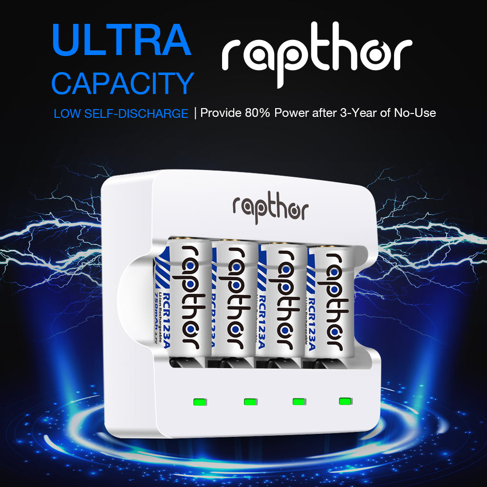 Rapthor RCR123A Rechargeable Batteries 8 Pack 750mAh with Charger for Arlo VMC3030 VMK3200 VMS3230 3330 3430 3530 Wireless Security Cameras Flashlight Smart Sensor