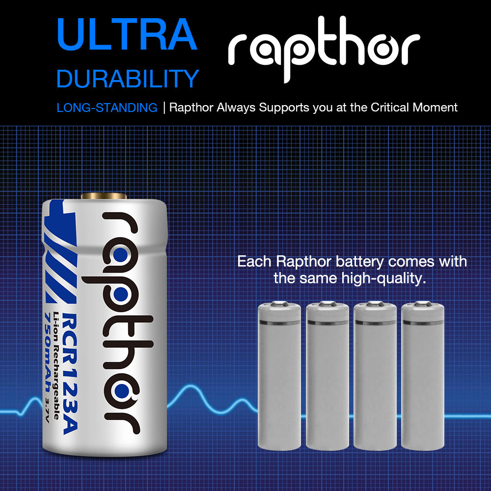 Rapthor RCR123A Rechargeable Batteries 8 Pack 750mAh with Charger for Arlo VMC3030 VMK3200 VMS3230 3330 3430 3530 Wireless Security Cameras Flashlight Smart Sensor