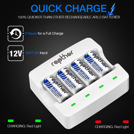 Rapthor RCR123A Rechargeable Batteries 8 Pack 750mAh with Charger for Arlo VMC3030 VMK3200 VMS3230 3330 3430 3530 Wireless Security Cameras Flashlight Smart Sensor