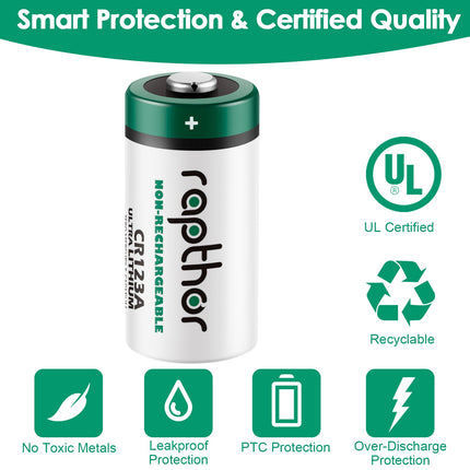 Rapthor 12 Pack CR123A Lithium Batteries 3V 1650mAh High Power Photo Battery PTC Protected for Flashlight Smart Sensors(Non-Rechargeable, Not for Arlo)