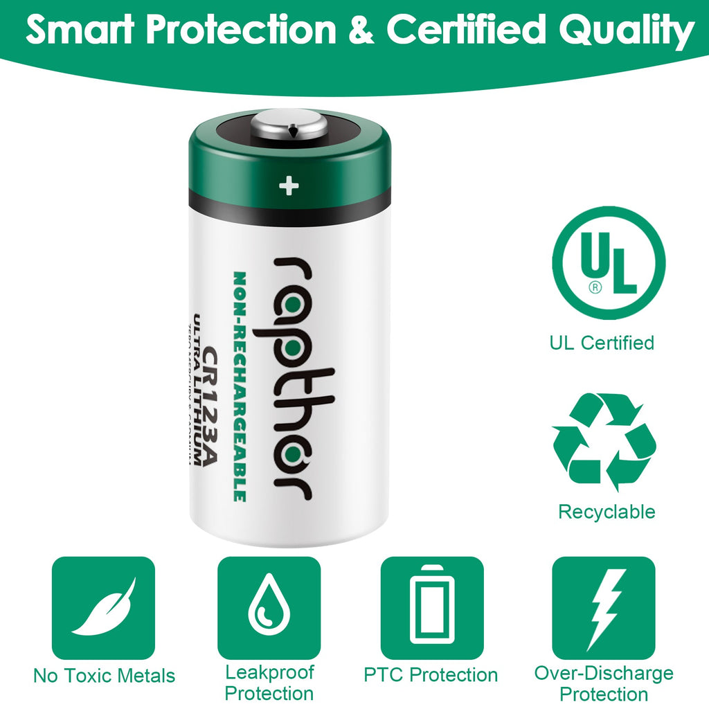 Rapthor 12 Pack CR123A Lithium Batteries 3V 1650mAh High Power Photo Battery PTC Protected for Flashlight Smart Sensors(Non-Rechargeable, Not for Arlo)